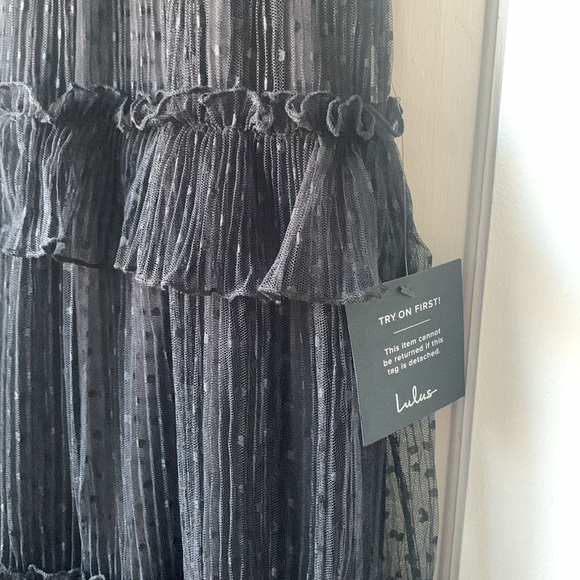 Lulus Black Mesh Swiss Dot Tiered Midi Dress NWT - Picture 3 of 4